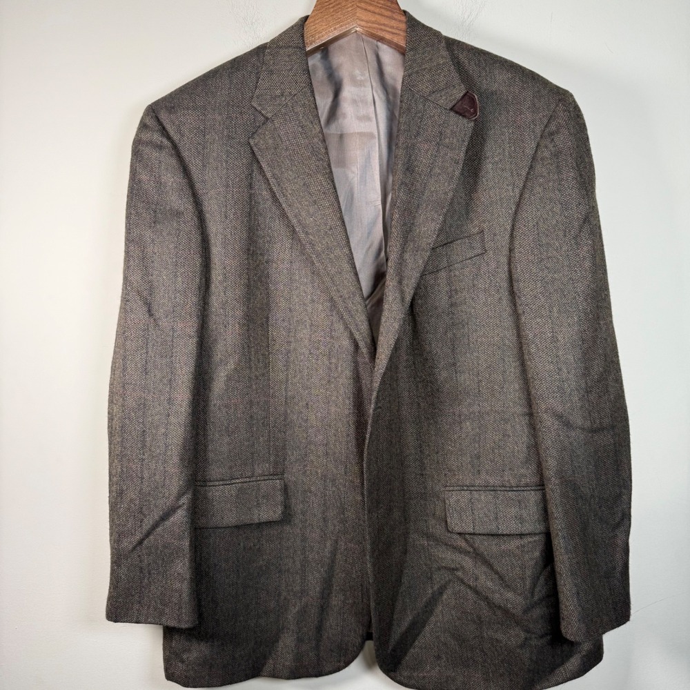 Oscar de le Renta Brown Herringbone Lambswool Elbow Patch Blazer 46R Academia
